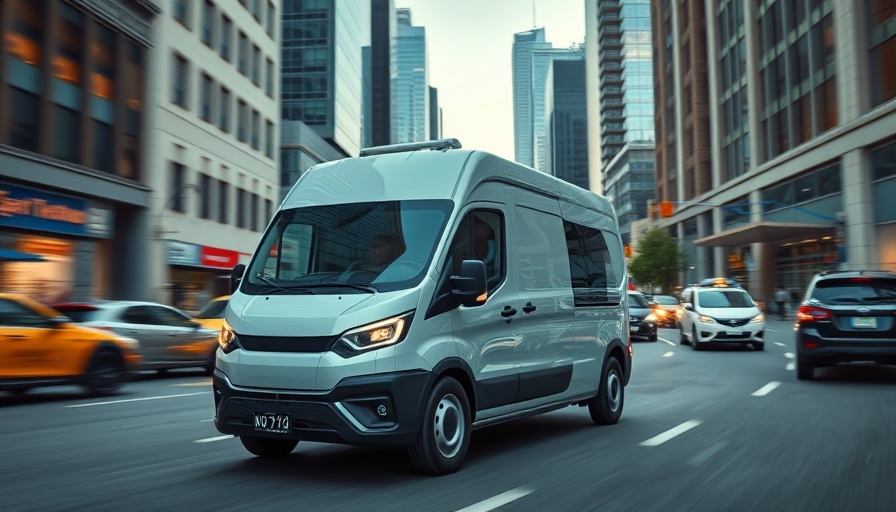 Modern electric commercial van driving in a city.