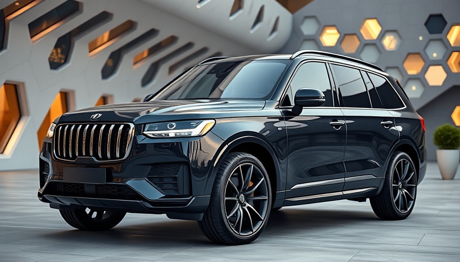 Luxury SUV parked in a futuristic setting with hexagonal designs.