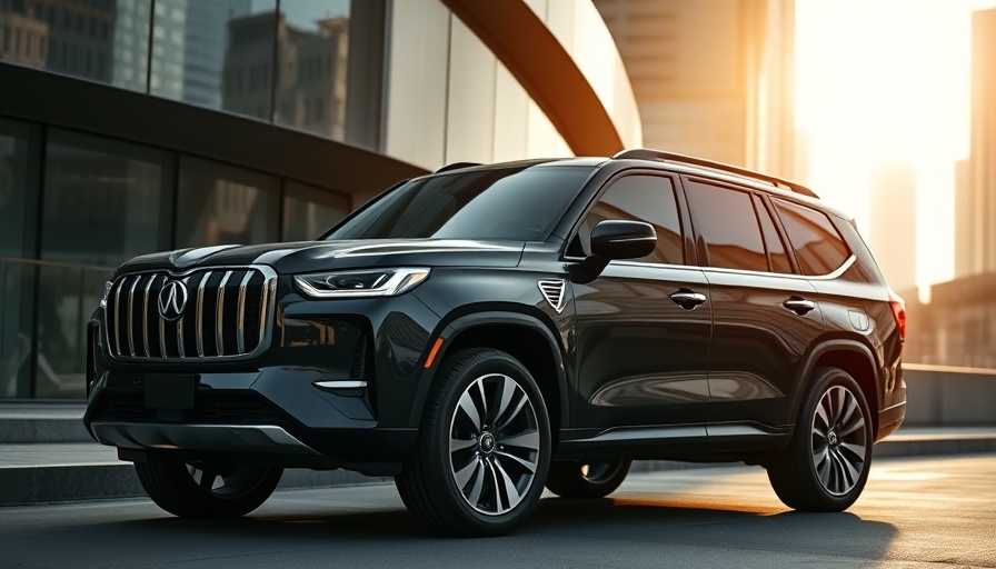 Sleek black SUV parked, futuristic urban setting, coastal road trip adventure.
