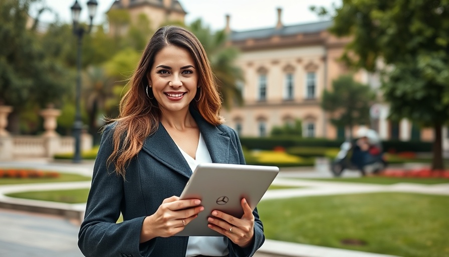 Woman with Mercedes-Benz tablet in city park, smartest Mercedes-Benz.
