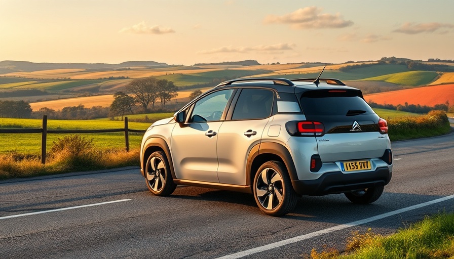Citroen e-C3 2025 model on UK countryside road.