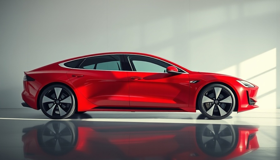 Sleek red electric sedan, showcasing modern design indoors.
