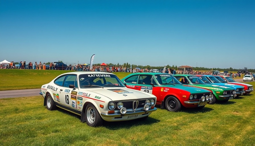 Classic rally cars at Race Retro 2025 under clear sky.