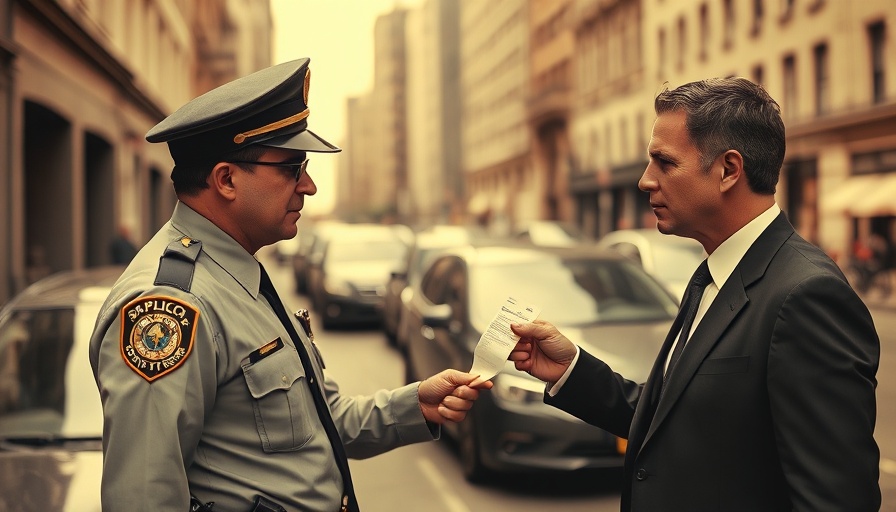 Traffic ticket penalties and legal options depicted by officer and man.