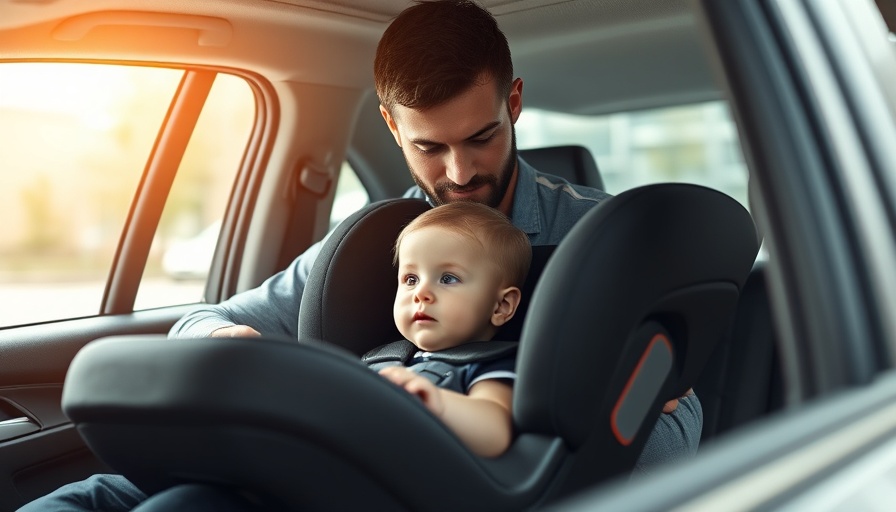 Father ensures car seat safety for baby inside vehicle.
