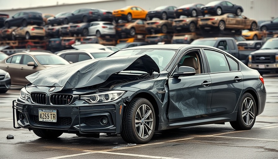Collision repair process shows damaged cars after insurance claim.