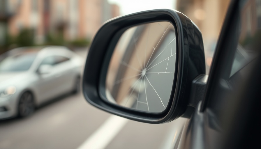 Cracked car side mirror in urban background, illustrating fault in car accidents.