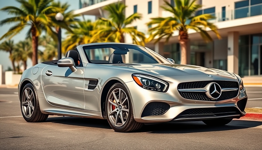 Rare silver Mercedes convertible at auction, parked outdoors.