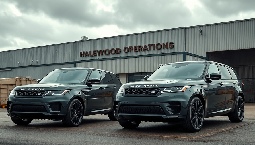 Range Rovers in front of Halewood factory illustrating US tariffs impact on Jaguar Land Rover exports.