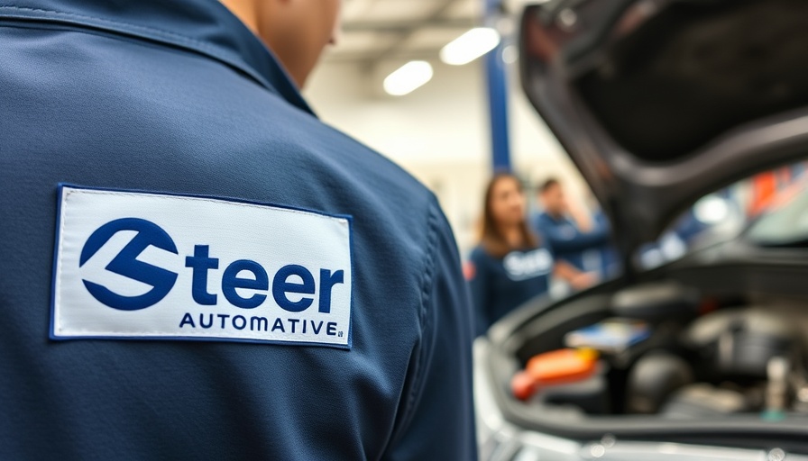 Steer Automotive logo on uniform, technician repairs car in workshop.