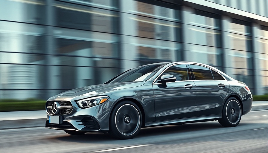 Sleek Mercedes driving in front of modern architecture, Mercedes Sales Declines 2025.
