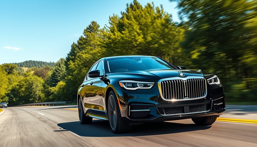 Luxury sedan driving through scenic road highlighting ECM repair and vehicle performance.