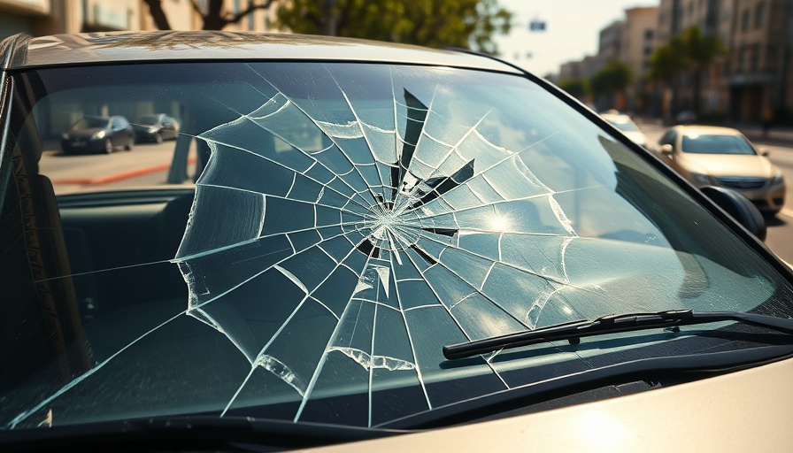 Close-up of car windshield with large crack, illustrating post-accident damage.