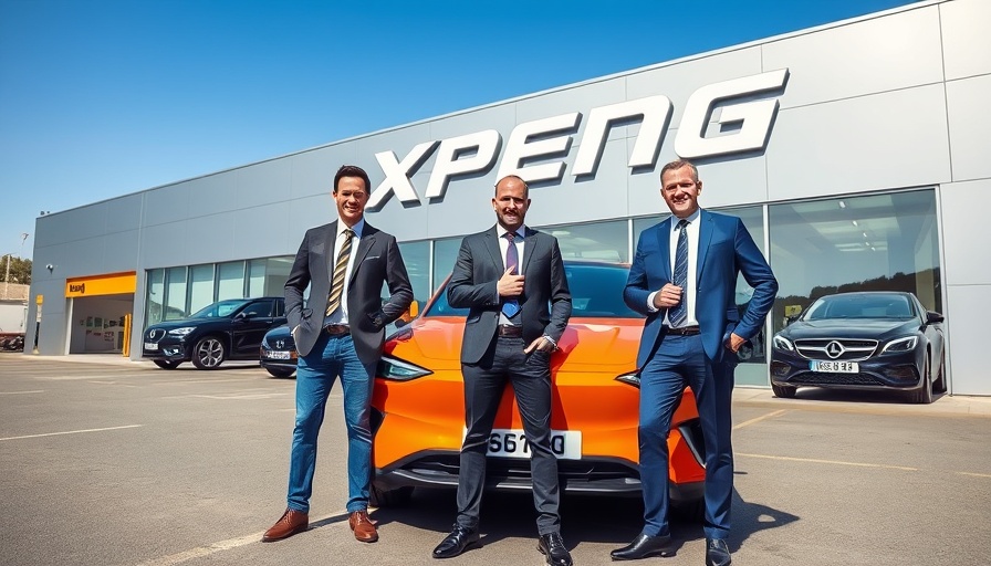 Men at Xpeng showroom in Scotland posing with orange car