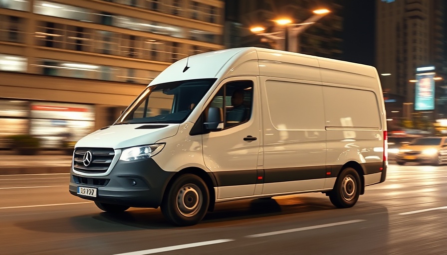 White van driving in UK used van market at night, urban setting.