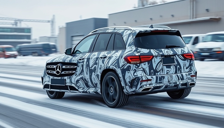 Camouflaged Mercedes-Benz GLB Hybrid prototype driving on snowy road.