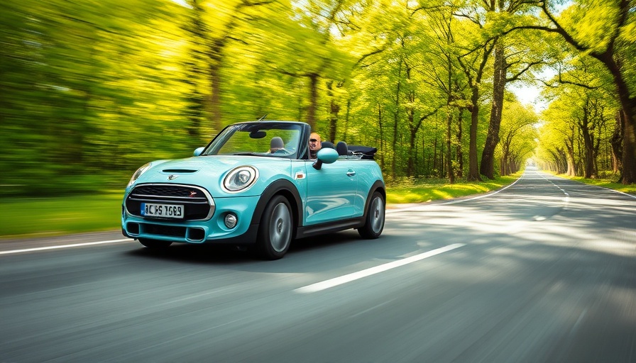 Light blue Mini Cooper convertible on scenic road, 2024 Mercedes-AMG GT63 S E Performance.