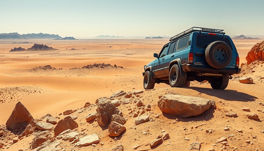 Blue SUV off-road in desert landscape, dynamic and rugged adventure.