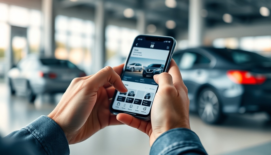 Hands holding smartphone showing car ad in dealership using AI-enhanced imaging technology.