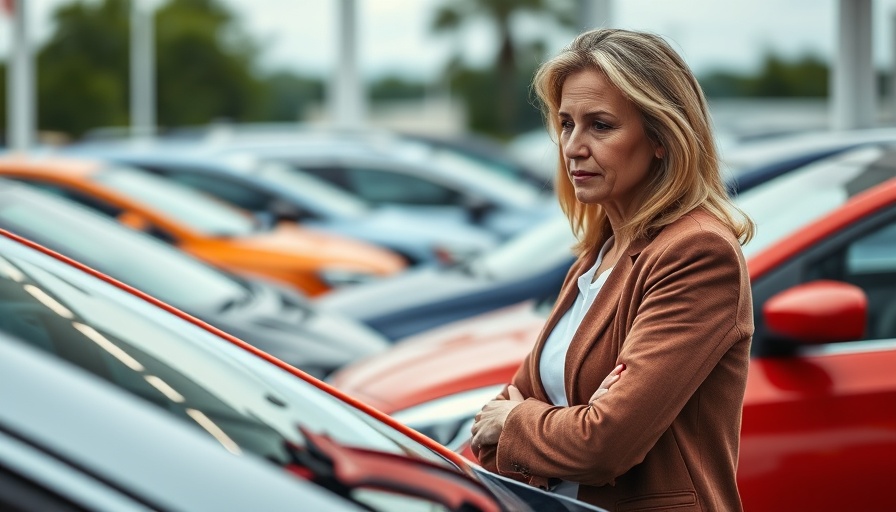 Woman inspecting cars at dealership, reflecting on purchase options, caution advised.