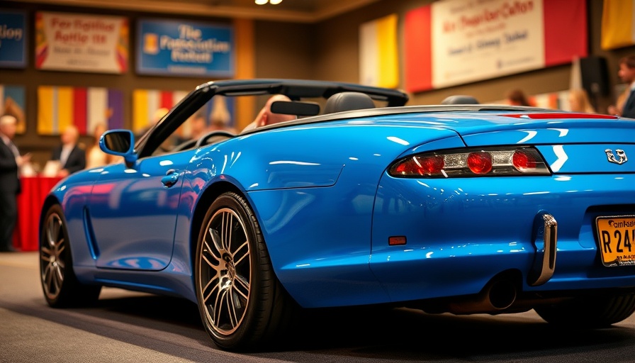 Blue convertible at SVA charity auction £38k, vibrant banners.