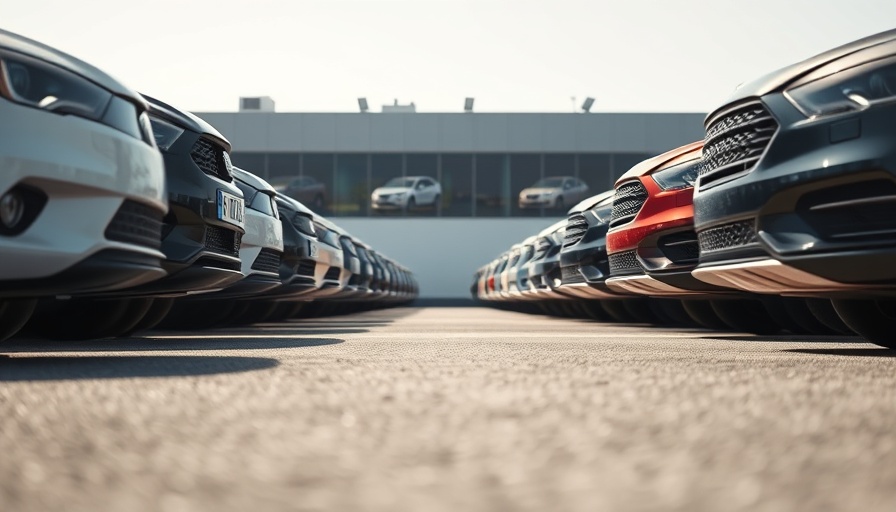 Low-angle view of parked cars in a car lot, bright daylight.