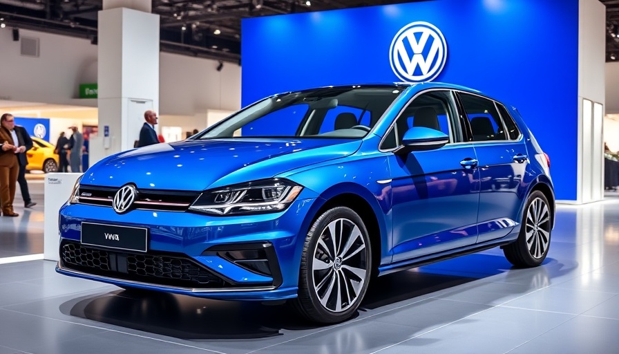 Volkswagen car showcased at an auto show with VW logo in the background.