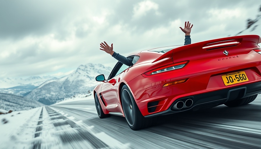 Red sports car driving on snowy mountain road, Oscar Piastri's Grand Prix Win 2025.
