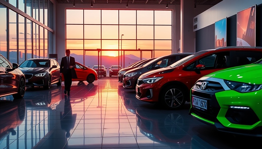 Car dealership with vibrant cars and person walking, illustrating tariffs reduce car sales.