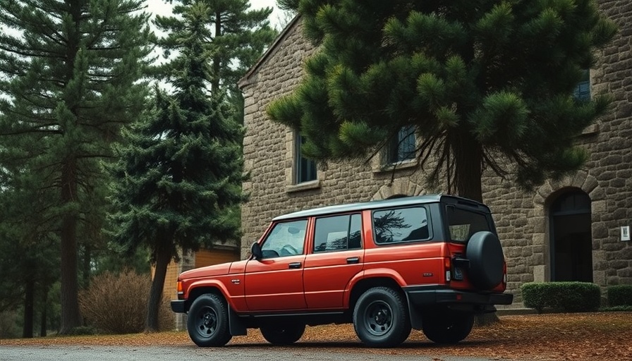 Red SUV amidst tall pines by a rustic building, serene vibe, capturing every drive.