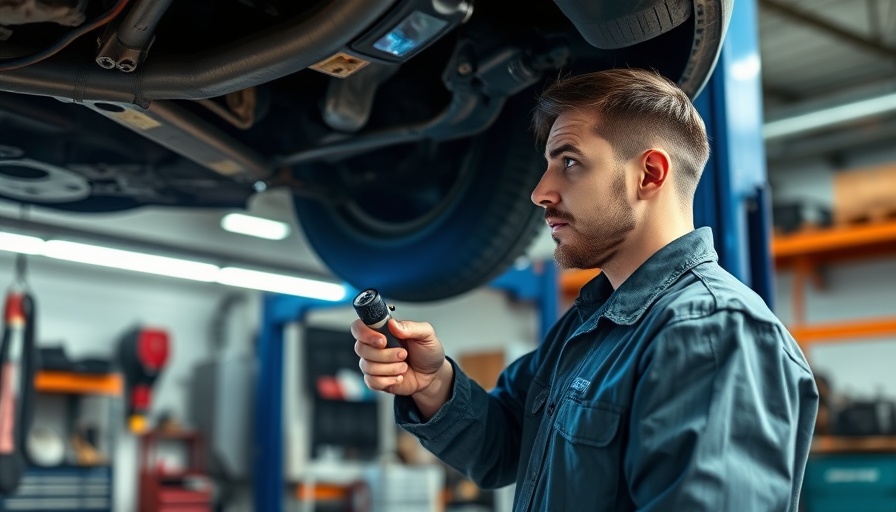 Mechanic inspecting vehicle's underside in modern garage.