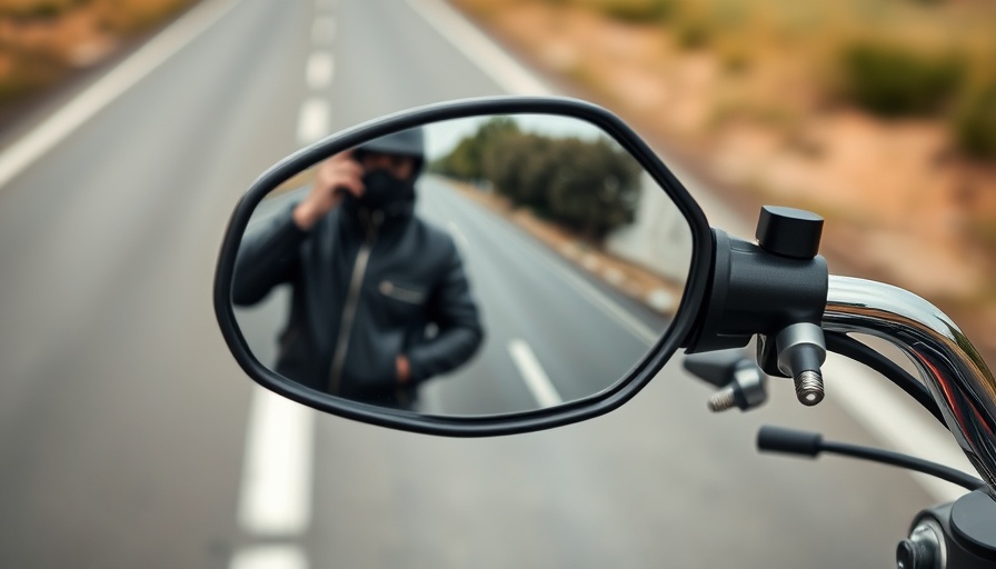 Motorcycle side mirror reflection with person adjusting, highlighting motorcycle maintenance mistakes.