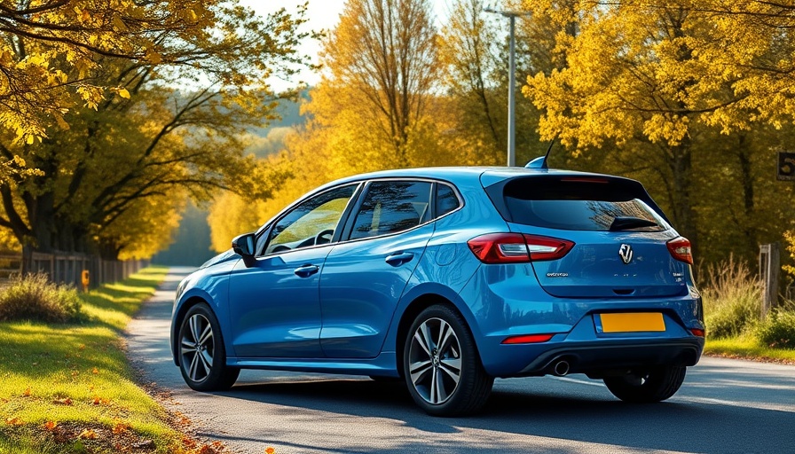 Blue car on a country road, speed safety and service.