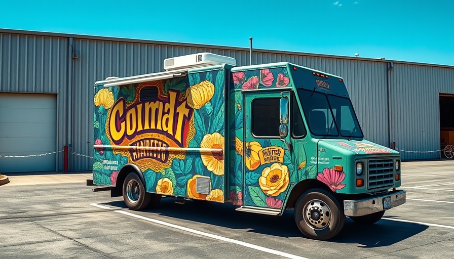 Colorful food truck in industrial area, choosing food truck builder.
