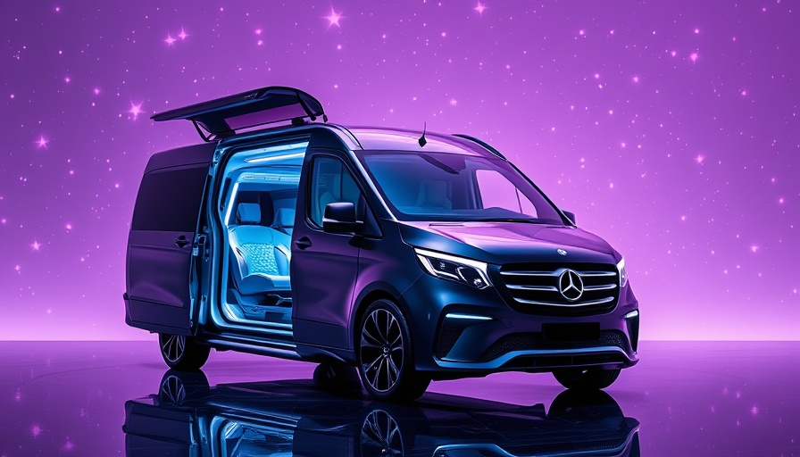 Futuristic Mercedes Vision V Concept van with open doors and illuminated interior.