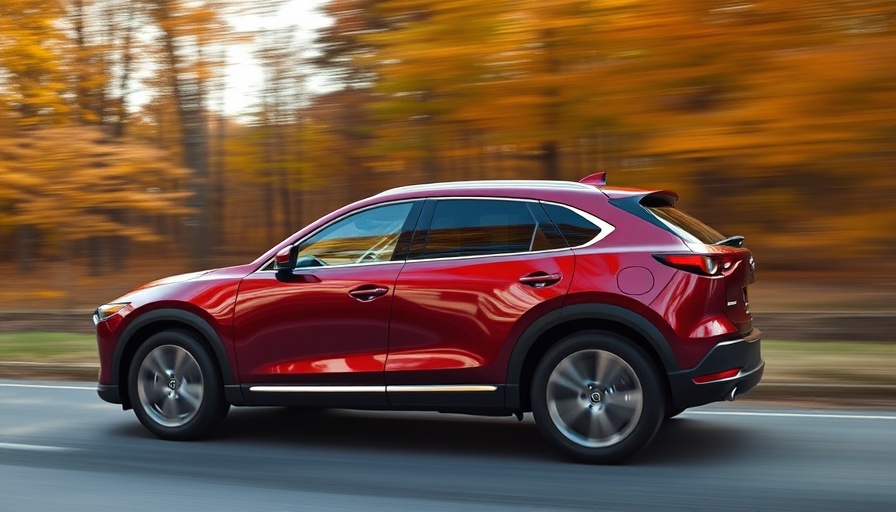Maroon Mazda CX-90 PHEV driving through forest area