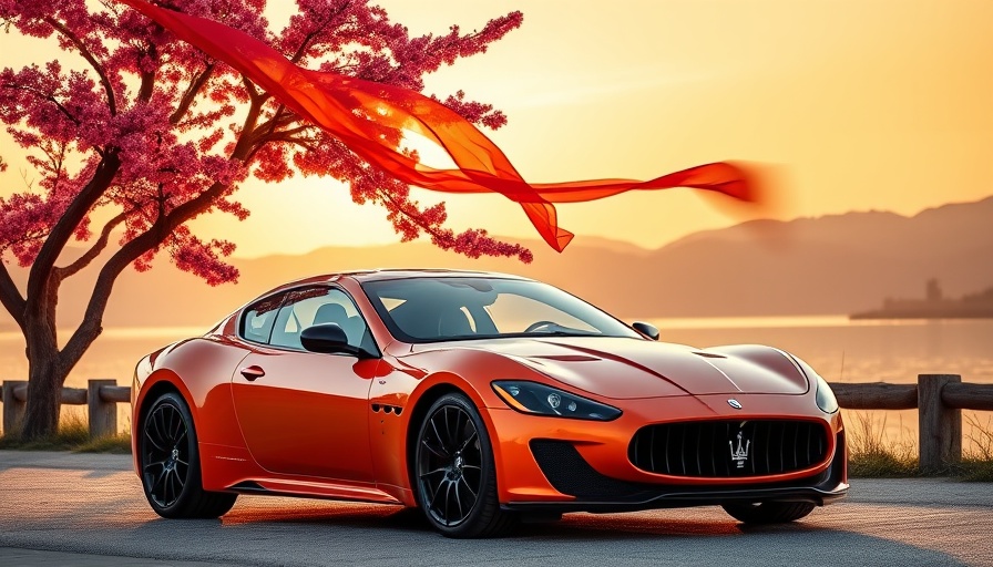 Bright orange Maserati Grecale near a cherry blossom by a lake.