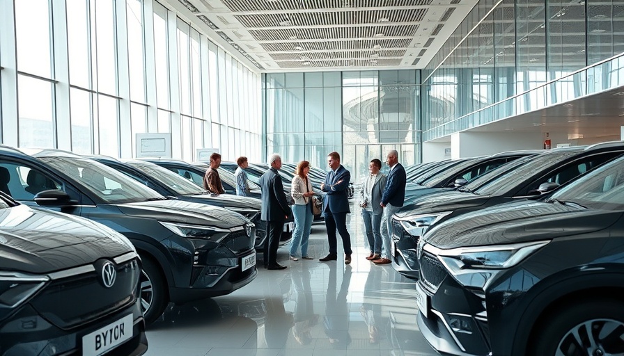 Group discussing inside a modern BYD electric vehicle showroom.