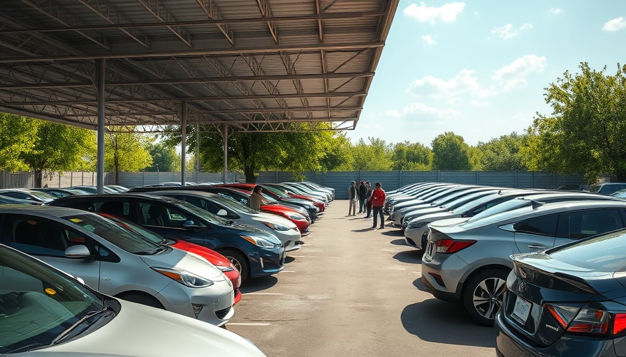 Used car lot with BEVs and electric vans under a roof, sunny day.