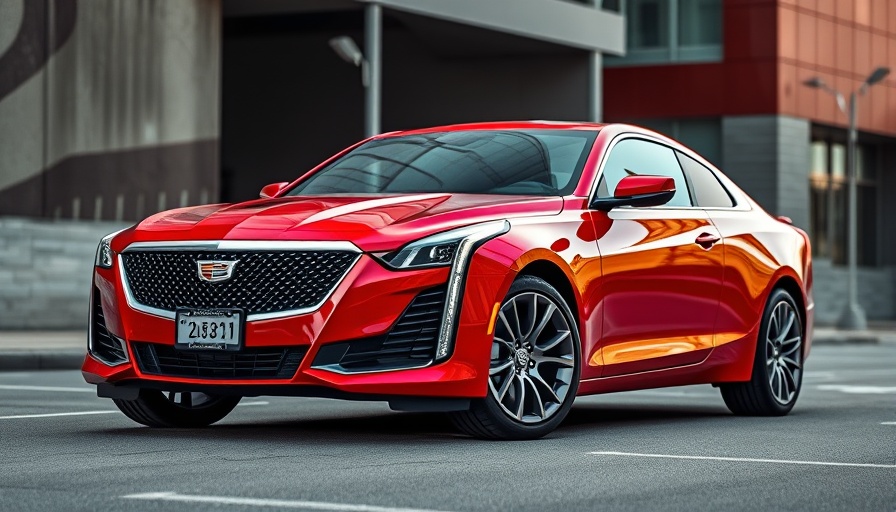 2025 Cadillac Optiq Review: Dynamic red Cadillac SUV with abstract background.