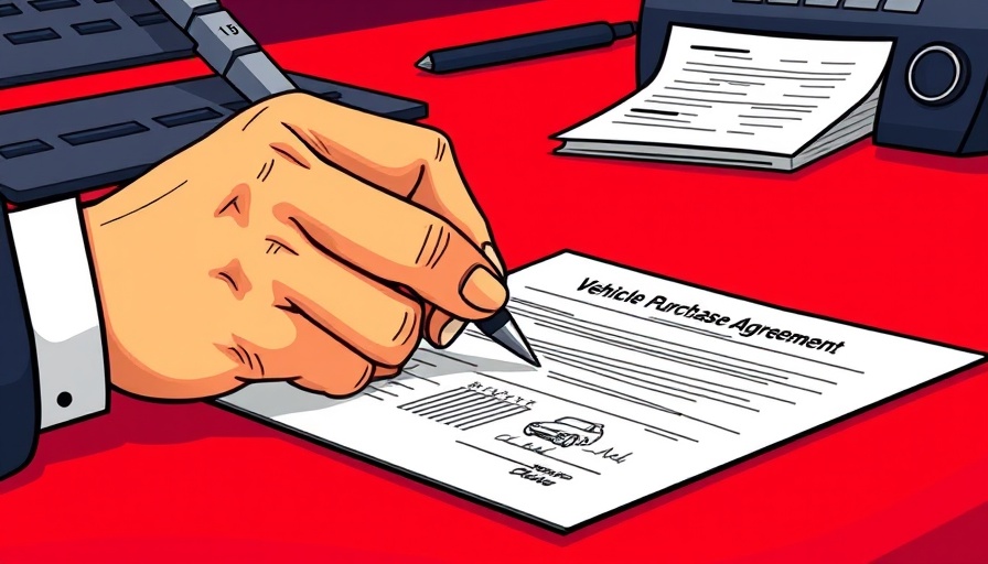 Illustration of signing a car purchase agreement with notes on hand.