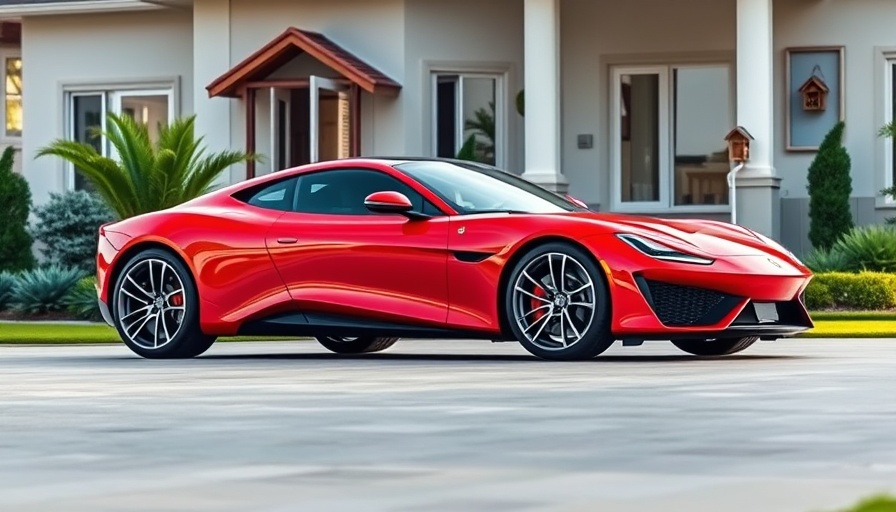 Red luxury car featuring best luxury design in a garden setting.