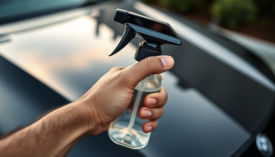 Hand holding car cleaning spray bottle near car hood.