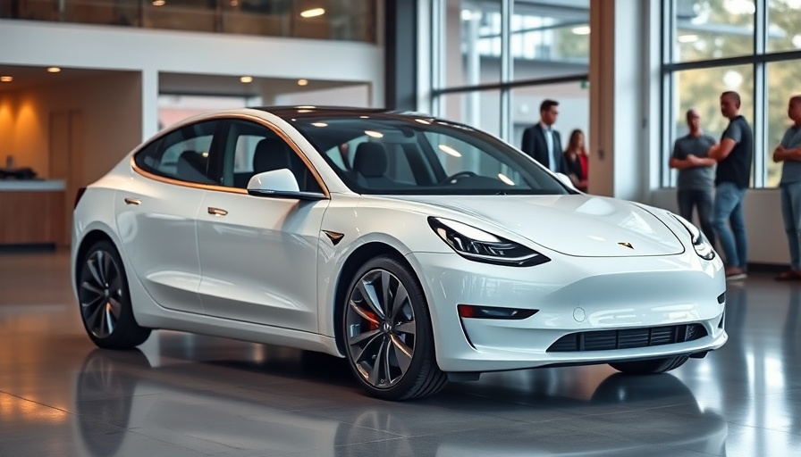 Sleek white Tesla Model 3 in a modern showroom, UK's fastest-selling used car.