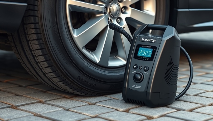 TowerTop Tyre Inflator Air Compressor inflating car tire on pavement.