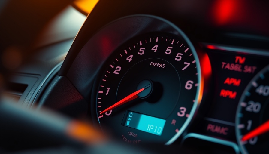Close-up of car speedometer dials with interior lighting.