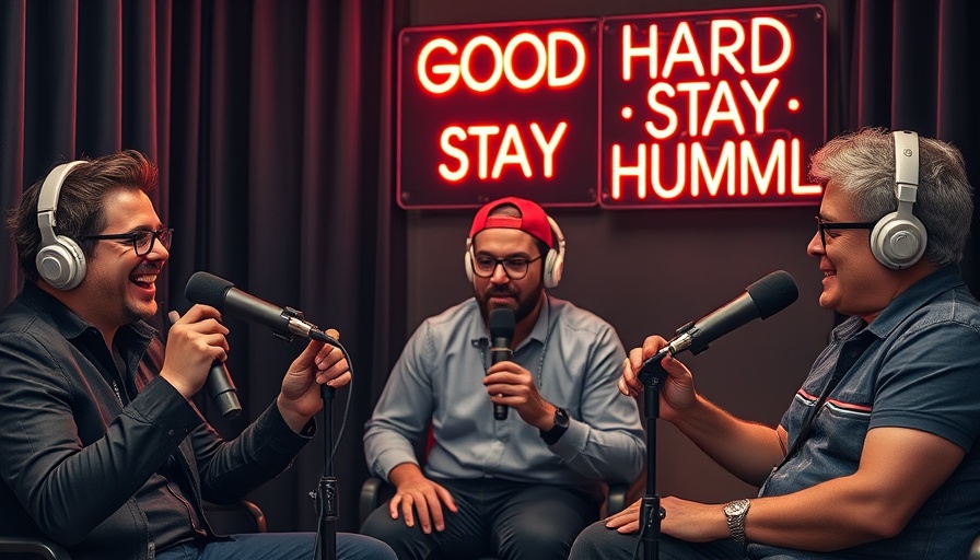 Three podcasters at The Armchair Show podcast launch in a studio with neon signs