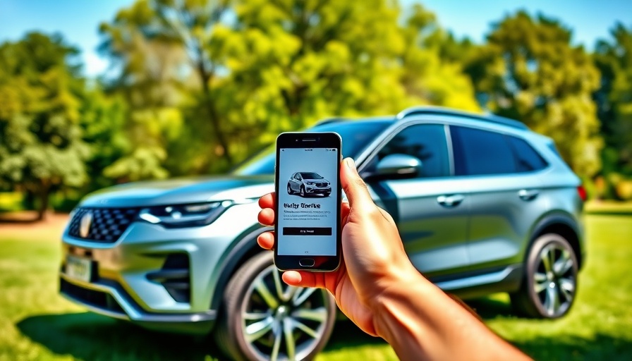 Digital car buying experience shown with a smartphone and SUV in park.