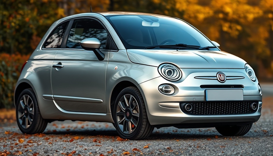 Sleek silver Fiat car on gravel road with autumn background.