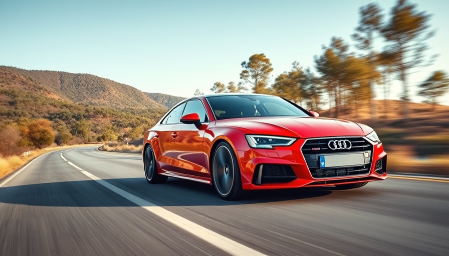 Sleek Audi car driving on a scenic road, vivid colors.